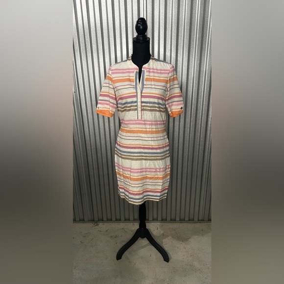 Etcetera Dresses & Skirts - Womens Etcetera White Multicolor Striped Short Sleeve Midi Dress Designer Size 2